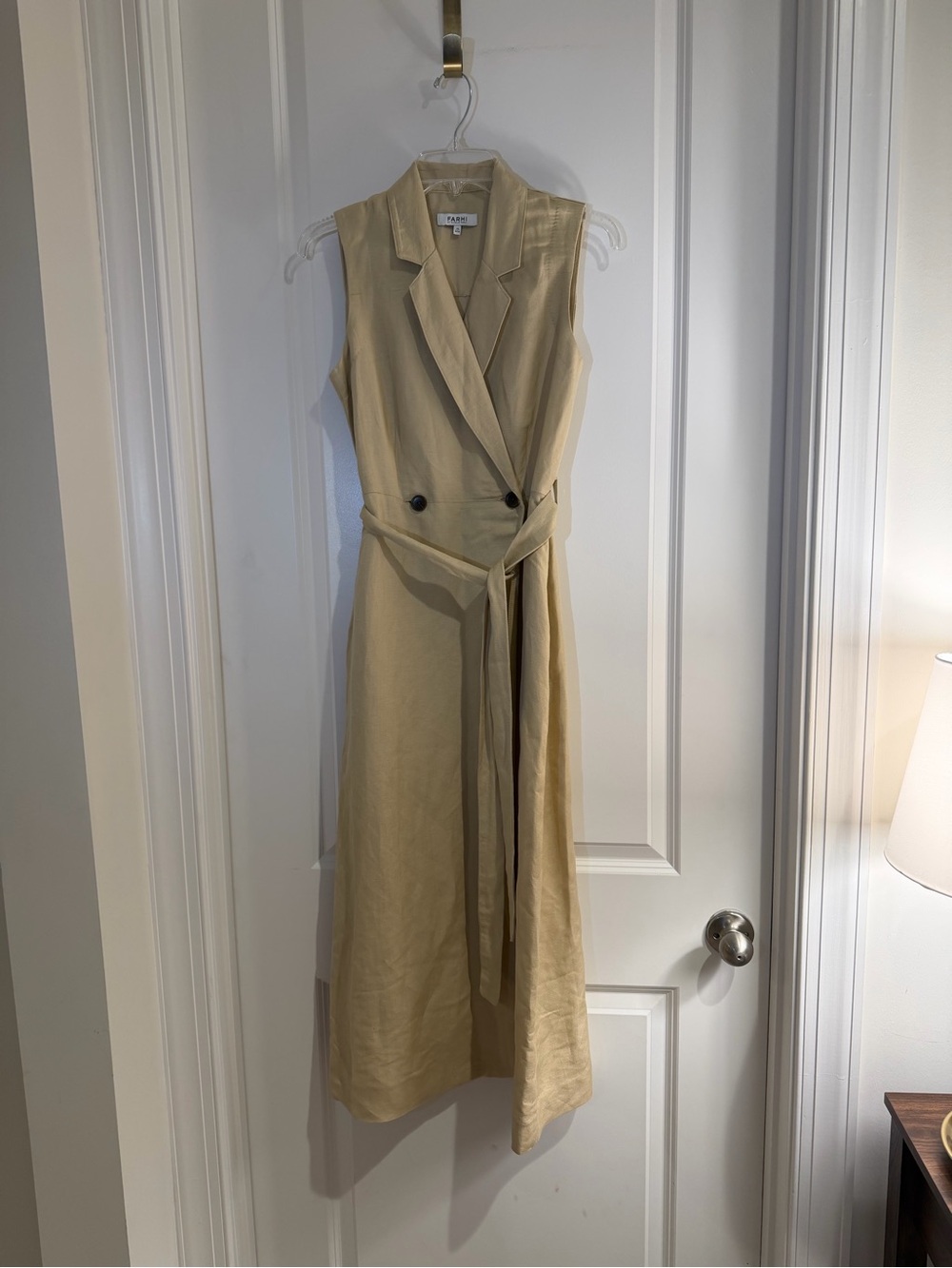 NICOLE FARHI Sleeveless Wrap Midi Dress in Light Beige with Black Buttons